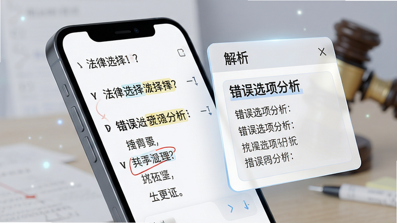主体为手机侧视图,屏幕展示一道法律选择题,旁边悬浮着“解析”弹窗,布局为悬浮层设计,排版突出“错误选项分析”区域,风格为教育科技风,细节包括高亮显示的关键词、清晰的字体层级,画质细腻,干净,无多余元素