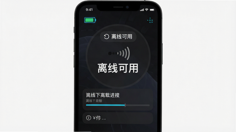 主体为手机离线状态图标,背景为深色模式界面,布局显示“离线可用”标识,排版强调无信号状态下的正常操作,风格为暗色科技风,细节包括电池图标、离线下载进度条,画质清晰,干净,无多余元素