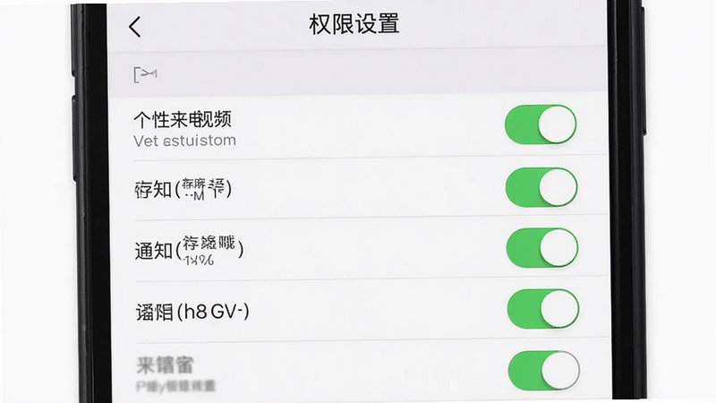 主体为手机设置界面截图,显示“个性来电视频”的权限管理页面,布局为开关列表,排版清晰,风格极简,细节显示存储、通知等权限开关状态,画质清晰,干净无杂项,文字显示