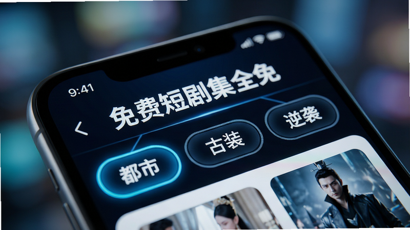 手机屏幕特写,显示“免费短剧集全免”APP内的分类标签页,标签包括“都市”、“古装”、“逆袭”,背景虚化,突出屏幕内容,风格科技感,细节丰富,高清