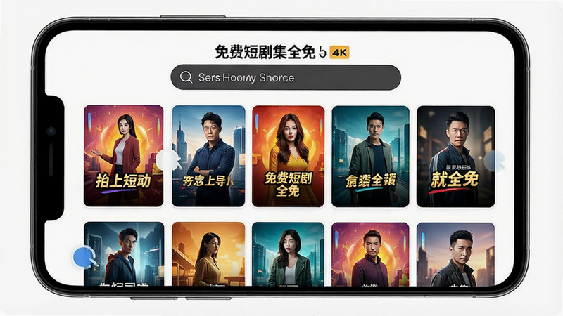 一张高清的手机应用界面展示图,主体为“免费短剧集全免”APP首页,布局清晰,顶部搜索栏居中,下方是网格状排列的短剧海报封面,色彩鲜艳,风格现代简约,细节处显示流畅的加载状态,画质4k,干净,无多余元素