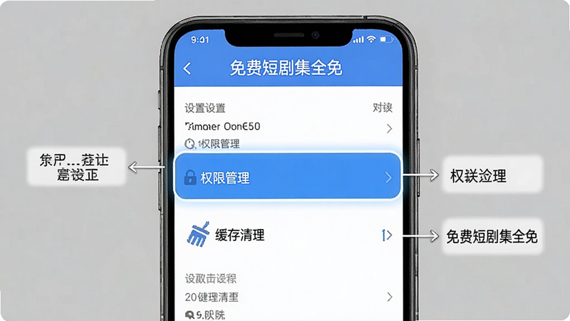 手机界面示意图,显示“免费短剧集全免”APP的设置页面,重点高亮“权限管理”和“缓存清理”选项,风格清晰直观,细节标注明确,高清