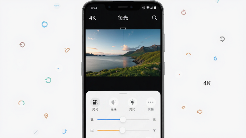 主体为每光APP安卓界面全屏展示,布局清晰分为上下两部分,上部显示一张正在编辑的高清风景照片,下部为滑动调节光线的控制面板,风格为现代简约科技风,细节包含柔和的UI图标和清晰的进度条,画质4K高清,干净无多余元素,文字内容包含