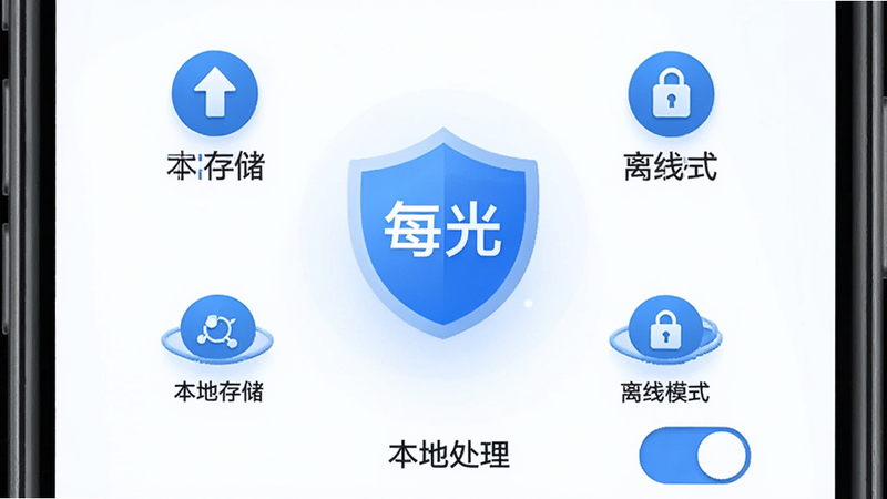 主体为每光APP的安全设置界面,布局简洁,中心为盾牌图标,周围环绕着本地存储标识,风格为 trustworthy 科技蓝调,细节包含锁形图标和离线模式开关,画质干净,无多余元素,文字内容包含