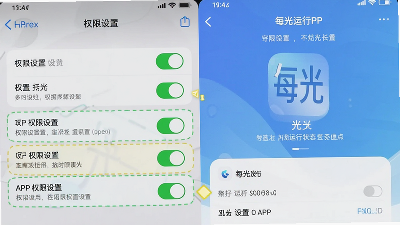 主体为手机设置界面与每光APP界面的对比图,布局为分屏显示,左侧为权限设置,右侧为APP运行状态,风格为实用教程风,细节包含开关按钮和高亮提示框,画质清晰,干净,文字内容包含