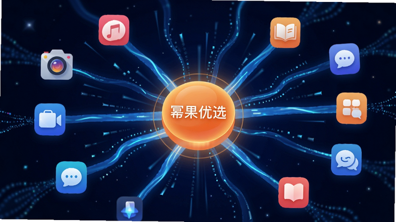 画面主体为一张抽象的数据流向图,中心是一个发光的橙色核心,代表“幂果优选”,周围延伸出多条蓝色光线连接着不同的应用图标图标,如相机、音乐、阅读等,光线粗细不一代表推荐权重,背景为深空蓝色,布局呈放射状,风格为科技感插画,细节处有数据粒子流动效果,画质清晰,干净,无多余元素