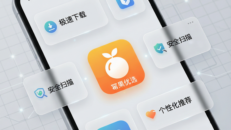 主体展示一个现代简约风格的安卓手机界面,屏幕中央显示着名为“幂果优选”的应用图标,图标设计为橙黄色渐变背景搭配白色果实形状,周围环绕着几个半透明的功能模块卡片,如“极速下载”、“安全扫描”、“个性化推荐”,背景为柔和的浅灰色科技感网格,整体布局清晰,排版整洁,风格为扁平化设计,细节处有微光效果,画质高清,干净,无多余元素