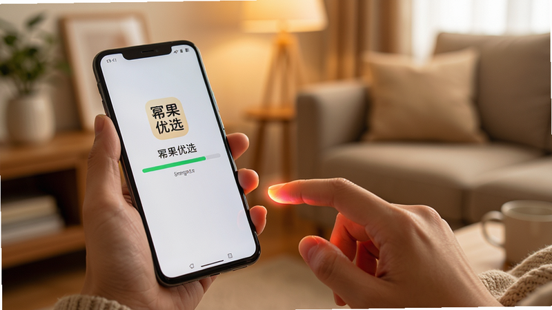主体是一双手正在操作一部安卓手机,屏幕显示着“幂果优选”的安装进度条,背景为温馨的家居环境,光线柔和,布局特写视角,风格为生活摄影,细节处有手指触摸屏幕的微光,画质温暖清晰,干净,无多余元素