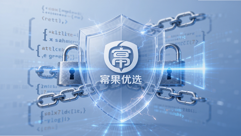 主体是一个半透明的盾牌图标,盾牌中心嵌有“幂果优选”的Logo,盾牌后方是层层叠加的代码锁链和扫描光束,象征着安全防护,背景为淡蓝色渐变,布局居中对称,风格为写实与科技结合,细节处有微弱的电光火花,画质高保真,干净,无多余元素