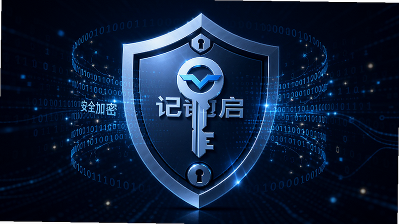 主体为数字安全盾牌概念图,中心嵌入钥记启Logo,周围环绕二进制代码流,布局对称,科技感强烈,深蓝背景,细节展示锁芯结构,画质8k,干净,文字内容包含