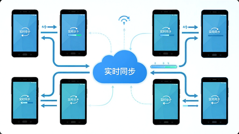 主体为多台安卓设备连接云端服务器的示意图,布局扁平化,线条流畅,展示数据双向流动,风格清新明亮,细节展示同步进度条,画质清晰,干净,文字内容包含