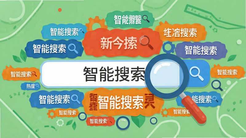 主体为搜索框与标签云组合,布局聚焦中心,标签大小不一代表热度,风格扁平插画,细节展示放大镜图标,画质高清,干净,文字内容包含