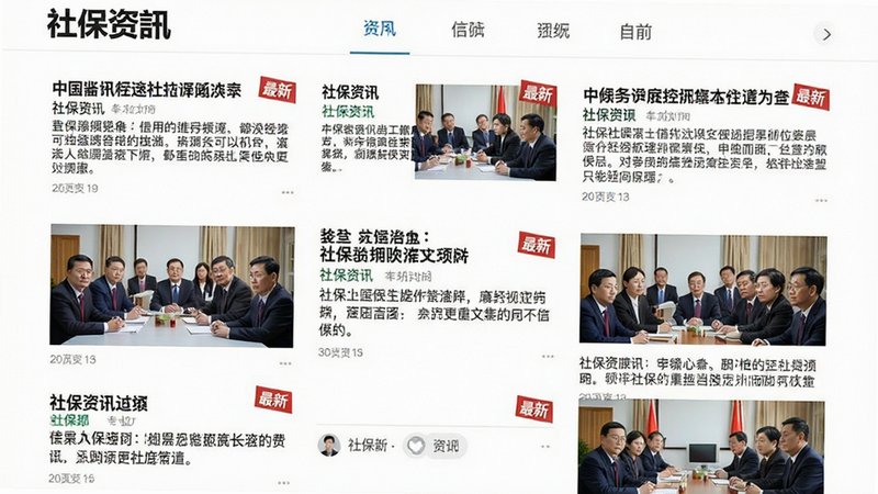 主体为新闻资讯列表页面,布局为图文混排,每篇文章包含标题、摘要和缩略图,排版紧凑有序,风格专业严谨,细节处标注“最新”标签,画质高清,干净无广告干扰,文字显示“社保资讯”