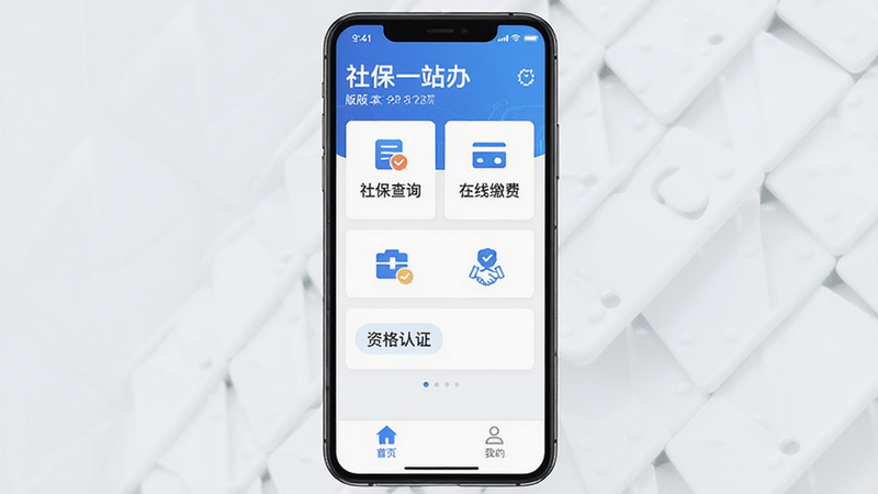 主体为“社保一站办”APP的手机界面展示,布局采用扁平化设计,顶部显示APP名称和版本号,中间区域划分清晰的功能模块如“社保查询”、“在线缴费”、“资格认证”,底部导航栏包含首页、我的等图标,风格现代简约,细节处体现科技蓝配色与白色卡片式UI,画质高清,干净无多余元素,文字清晰显示“社保一站办”