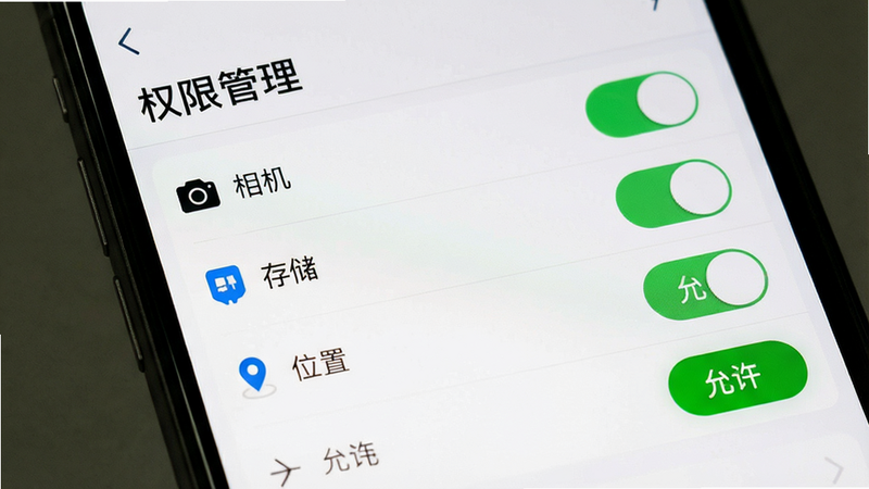 主体为手机设置权限界面,布局为列表形式,显示“相机”、“存储”、“位置”等权限开关状态,排版清晰,风格系统原生UI,细节处高亮显示“允许”按钮,画质清晰,干净无多余图标,文字显示“权限管理”