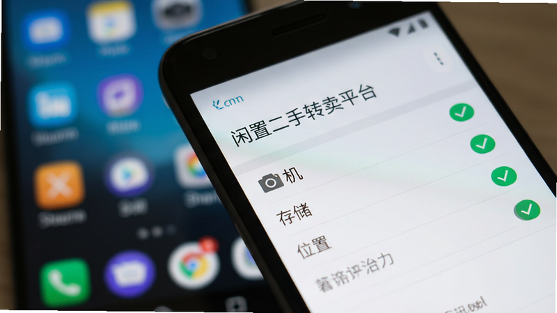 一部安卓手机特写,屏幕显示“闲置二手转卖平台”的权限设置界面,勾选了相机、存储、位置等选项,背景为模糊的手机桌面,光线柔和,突出屏幕内容,高清写实风格,无其他干扰元素