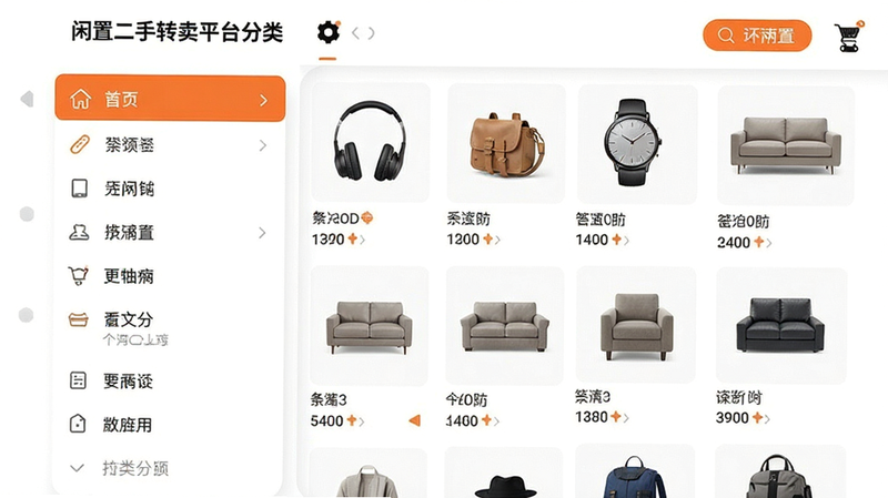 展示“闲置二手转卖平台”APP内的分类页面,左侧为清晰的目录列表,右侧为网格状的商品缩略图,图标包括耳机、手表、沙发等,UI设计采用白色背景与橙色点缀,字体清晰,布局整齐,呈现出现代极简的电商界面风格,高清渲染