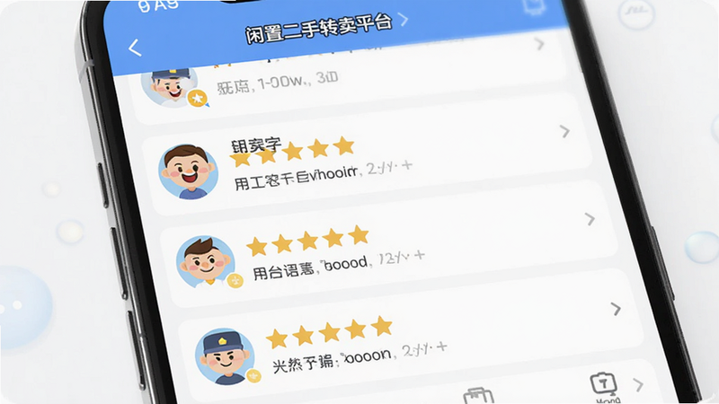 展示“闲置二手转卖平台”APP内的用户评价页面,多条五星好评滚动显示,头像为卡通形象,背景干净明亮,强调信任感与社区氛围,UI设计简洁,文字清晰可读,高清画质