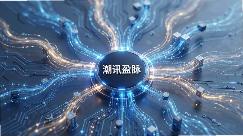 主体为抽象的概念图,展示数据流汇聚成中心节点,中心节点标注“潮讯盈脉”,布局呈放射状,排版紧凑有序,风格科技感强,细节处有流动的光效,画质清晰,干净,无多余元素