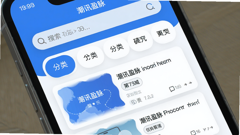 主体为手机屏幕展示“潮讯盈脉”App首页界面,布局清晰,顶部为搜索栏,中部为分类标签栏,下部为卡片式资讯流,风格现代简约,扁平化设计,蓝色为主色调,细节处有柔和阴影,画质高清,干净,无多余元素
