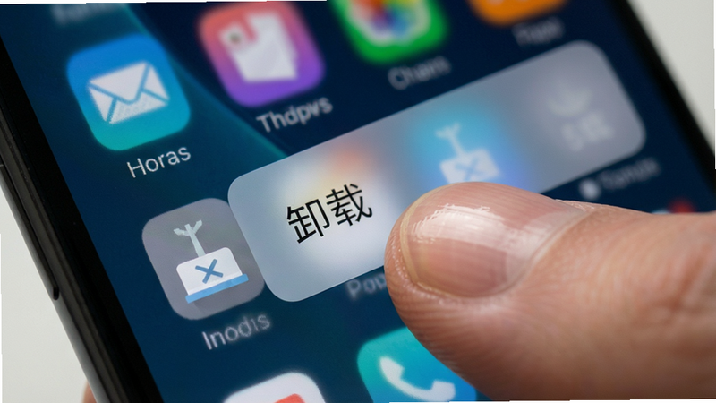 主体为手机桌面长按应用图标的场景,弹出菜单显示“卸载”选项,布局直观,排版简洁,风格真实模拟,细节处有手指按压的高光,画质逼真,干净,无多余元素