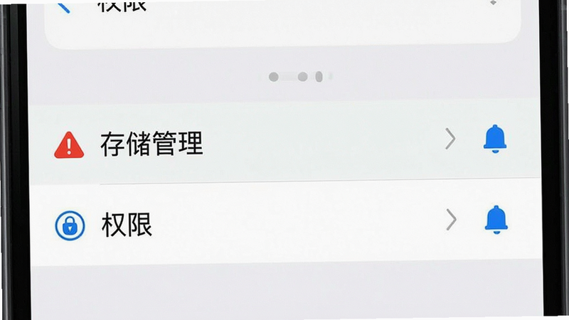 主体为手机设置界面,高亮显示“存储管理”和“权限”选项,布局清晰,排版标准,风格系统原生,细节处有红色警告图标和蓝色提示图标,画质清晰,干净,无多余元素