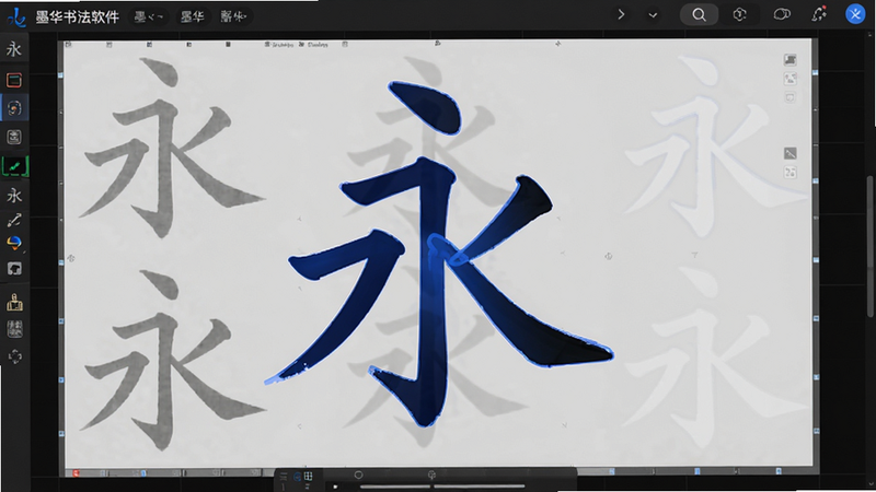 展示墨华书法软件中的对比功能界面,画面中央是一个汉字“永”的书写过程,底层为灰色标准字帖,上层为蓝色用户书写轨迹,清晰显示笔画重叠情况,背景为深色模式,突出线条对比,排版居中,风格科技感与传统结合,细节清晰,画质高,干净,无多余元素