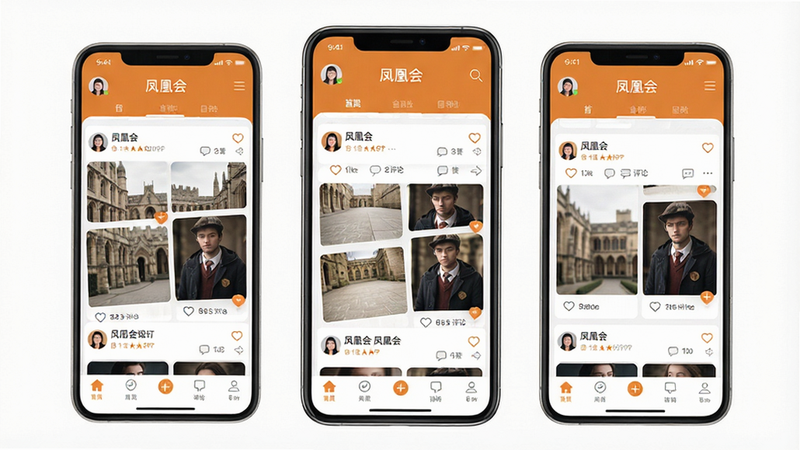 主体为“凤凰会”APP的界面全景展示,布局采用扁平化设计,顶部为导航栏,中部为瀑布流内容展示区,底部为功能标签栏,风格现代简约,色彩以暖橙色和白色为主,细节包括用户头像、点赞图标、评论气泡,画质高清,干净,无多余元素,文字“凤凰会”清晰可见