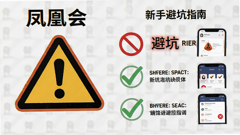主体为“凤凰会”新手避坑指南插图,布局左侧为警示三角图标,右侧为操作步骤列表,风格简洁明了,细节包含禁止符号、对勾符号、手机界面截图,画质清晰,干净,无多余元素,文字“避坑”醒目
