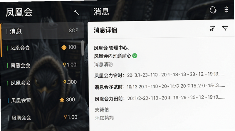 主体为“凤凰会”消息管理中心界面,布局左侧为消息列表分类,右侧为详细消息预览,风格井然有序,细节包含未读标记、时间戳、筛选图标,画质高清,干净,无多余元素,文字“消息”清晰