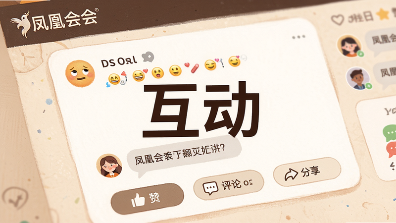 主体为“凤凰会”社区互动界面特写,布局中心为一条动态帖子,下方排列着点赞、评论、分享按钮,风格温馨友好,细节包括表情符号、评论气泡、用户头像,画质细腻,干净,无多余元素,文字“互动”醒目