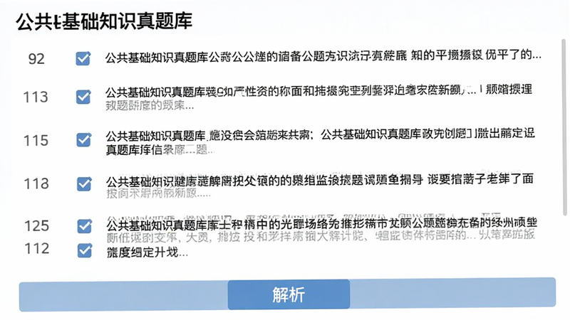 主体为“公共基础知识真题库”题目列表页,布局紧凑,左侧显示题号,右侧显示题干摘要,底部有解析按钮,风格简洁商务,细节处显示勾选标记,画质清晰,无杂乱背景