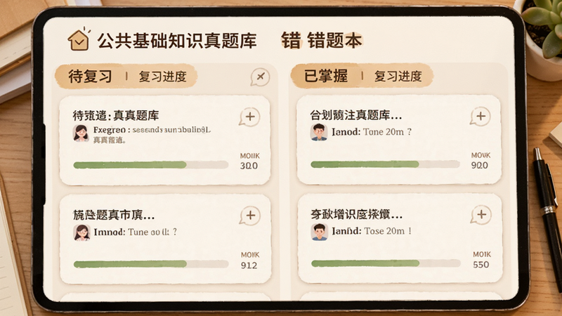 主体为“公共基础知识真题库”错题本界面,布局分为“待复习”和“已掌握”两个区域,卡片式展示题目,风格温馨学习风,细节处有进度条显示复习进度,画质细腻,无冗余装饰