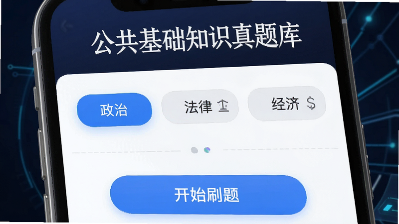 主体为“公共基础知识真题库”App界面展示,布局清晰,顶部显示软件名称,中部展示分类标签如“政治”、“法律”、“经济”,底部显示“开始刷题”按钮,风格简约现代,细节处体现科技感,画质高清,干净无多余元素