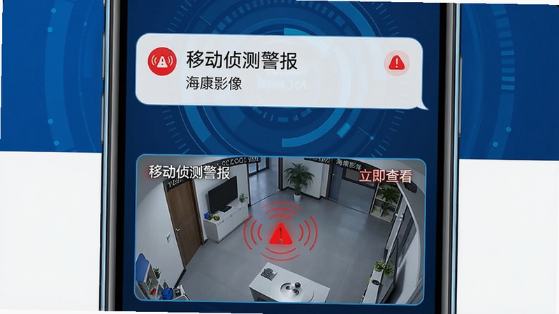 主体为手机通知界面与监控画面的结合,布局上下分布,上方显示推送消息气泡,下方显示触发警报的监控小窗,风格科技感强,蓝色与白色搭配,细节处有红色警示标志,体现智能侦测功能,画质清晰,干净,无多余元素,文字内容包含