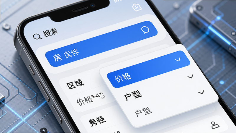“房伴”APP搜索界面示意图,显示搜索框及下拉筛选菜单,包括“区域”、“价格”、“户型”,界面简洁,蓝色高亮选中项,风格科技感,细节丰富,画质高分辨率