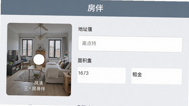 模拟“房伴”APP房源录入界面,显示照片上传区域、地址输入框、面积租金字段,背景浅灰,文字“房伴”在顶部标题栏,布局结构化,风格扁平化,细节清晰,画质清晰,无水印