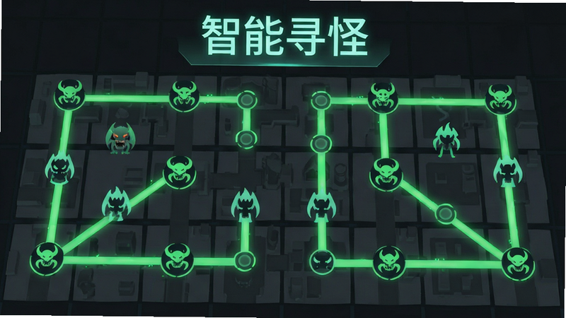 主体为游戏地图界面,显示多条发光的绿色路径连接各个怪物图标,背景为深灰色游戏地图,布局呈网格状,风格为赛博朋克风,细节显示路径节点,画质清晰,干净,文字“智能寻怪”悬浮在顶部