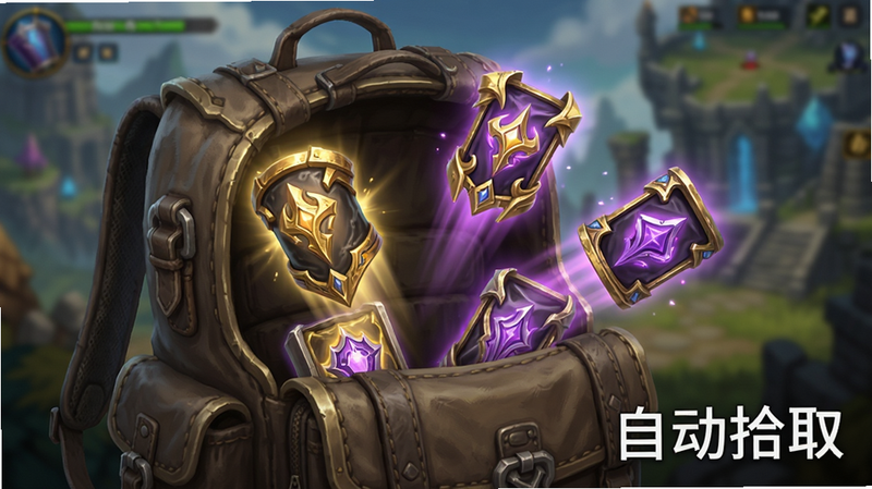 主体为游戏背包界面,多个金色和紫色的高级装备正在自动飞入背包,背景为模糊的游戏场景,布局紧凑,风格为写实魔幻,细节展示装备光效,画质细腻,干净,文字“自动拾取”在右下角