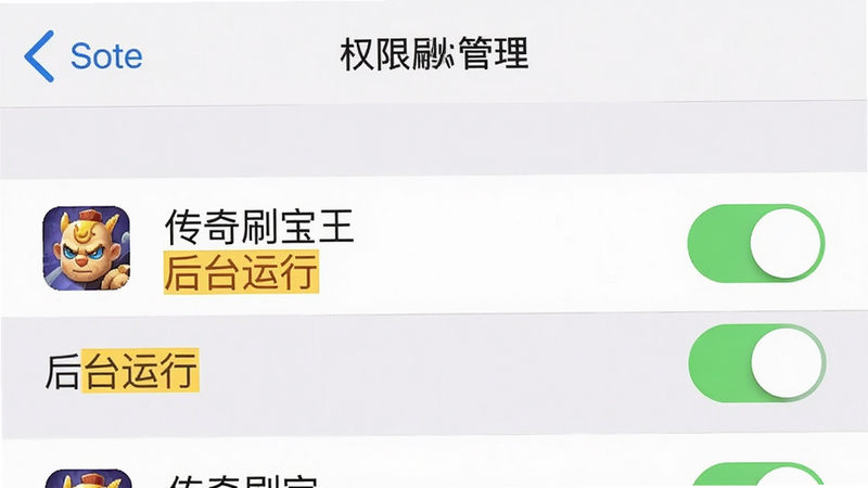主体为手机设置界面,显示“权限管理”列表,其中“传奇刷宝王”的“后台运行”开关为开启状态,布局为列表形式,风格为iOS/Android系统原生风,细节显示开关滑块,画质清晰,干净,文字“后台运行”高亮显示