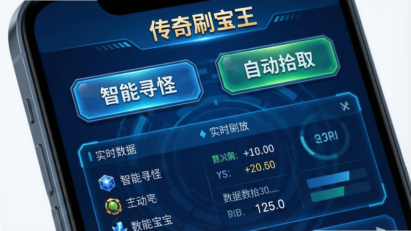 主体为手机屏幕特写,展示《传奇刷宝王》APP主界面,布局清晰,上方显示“智能寻怪”与“自动拾取”按钮,下方有实时数据面板,风格为现代科技蓝,细节丰富,画质高清,干净无多余元素,文字“传奇刷宝王”清晰可见