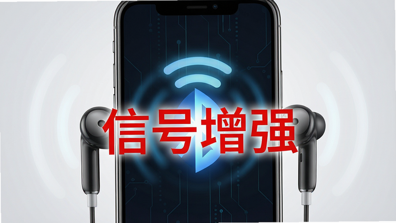 主体为手机与无线耳机之间的连接示意图,中间有发光的蓝牙信号波纹,布局居中对称,背景为浅灰色渐变,排版简洁,文字“信号增强”以红色字体标注,风格科技感,细节清晰,画质高清,干净无杂物