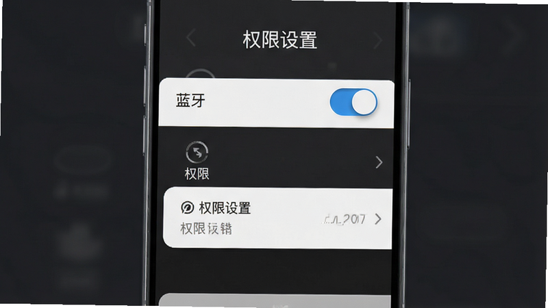 主体为手机设置界面模拟图,显示蓝牙开关及权限设置选项,布局垂直排列,背景为深灰色,排版清晰,文字“权限设置”以白色字体显示,风格写实,细节逼真,画质高清,干净无干扰元素