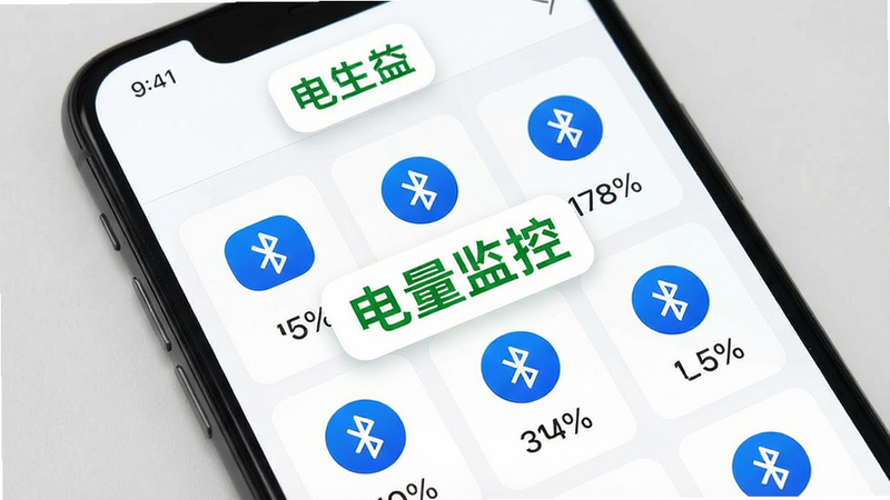 主体为手机APP界面截图,显示多个蓝牙设备图标及电量百分比数字,布局网格状,背景为白色,排版整齐,文字“电量监控”以绿色字体高亮,风格简约商务,细节精致,画质清晰,干净无多余装饰