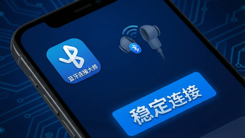 主体为手机屏幕界面,显示“蓝牙连接大师”APP图标及正在连接的蓝牙耳机动画,布局简洁现代,采用深蓝色科技风背景,排版清晰,文字“稳定连接”高亮显示,风格扁平化,细节丰富,画质4k高清,干净无多余元素