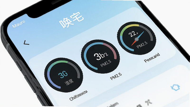 手机屏幕特写,显示“唤宅”应用的环境监测页面,界面设计扁平化,包含温度、湿度、PM2.5三个圆形仪表盘,背景为淡蓝色渐变,文字清晰,风格科技简约,高清矢量图。