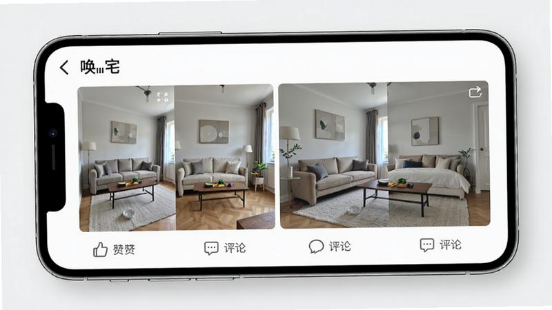 一张手机界面截图,展示“唤宅”应用内的社区板块,显示多张用户上传的家居改造对比照片,下方有点赞和评论图标,界面整洁,色调以白色和浅灰色为主,风格清新自然,高清屏幕显示效果。