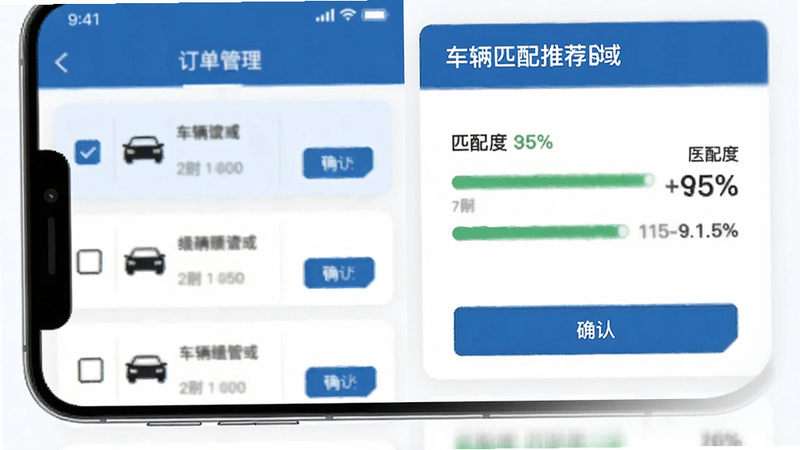 主体为手机应用内的订单管理界面,左侧为订单列表卡片,右侧为车辆匹配推荐区域,显示匹配度百分比,布局左右分栏,风格为商务蓝白配色,细节包含勾选框、确认按钮及车辆图标,画质清晰,文字内容模糊处理但结构清晰,无多余装饰