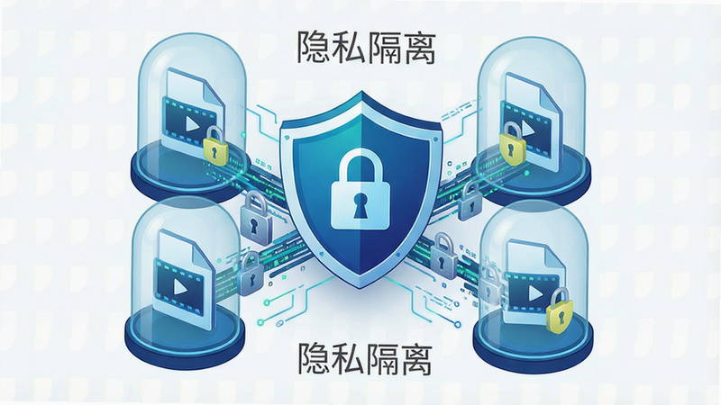 主体为数据安全防护概念图,布局中心是一个带有锁形图标的盾牌,周围环绕着视频文件图标被隔离在透明玻璃罩内,排版对称平衡,风格为极简科技风,细节展示数据流被加密锁阻挡在外部,画质细腻,干净,无多余元素,文字“隐私隔离”清晰可见,矢量插画风格