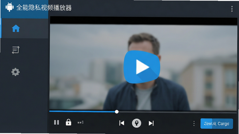 主体为全能隐私视频播放器安卓版的应用界面预览图,布局采用左侧竖排功能导航栏与右侧大面积视频播放区域,排版简洁现代,风格为科技蓝与深灰配色,细节展示播放控制条上的隐私锁定图标与清晰度选择按钮,画质高清,干净,无多余元素,文字“全能隐私视频播放器”清晰可见,扁平化设计,UI界面展示